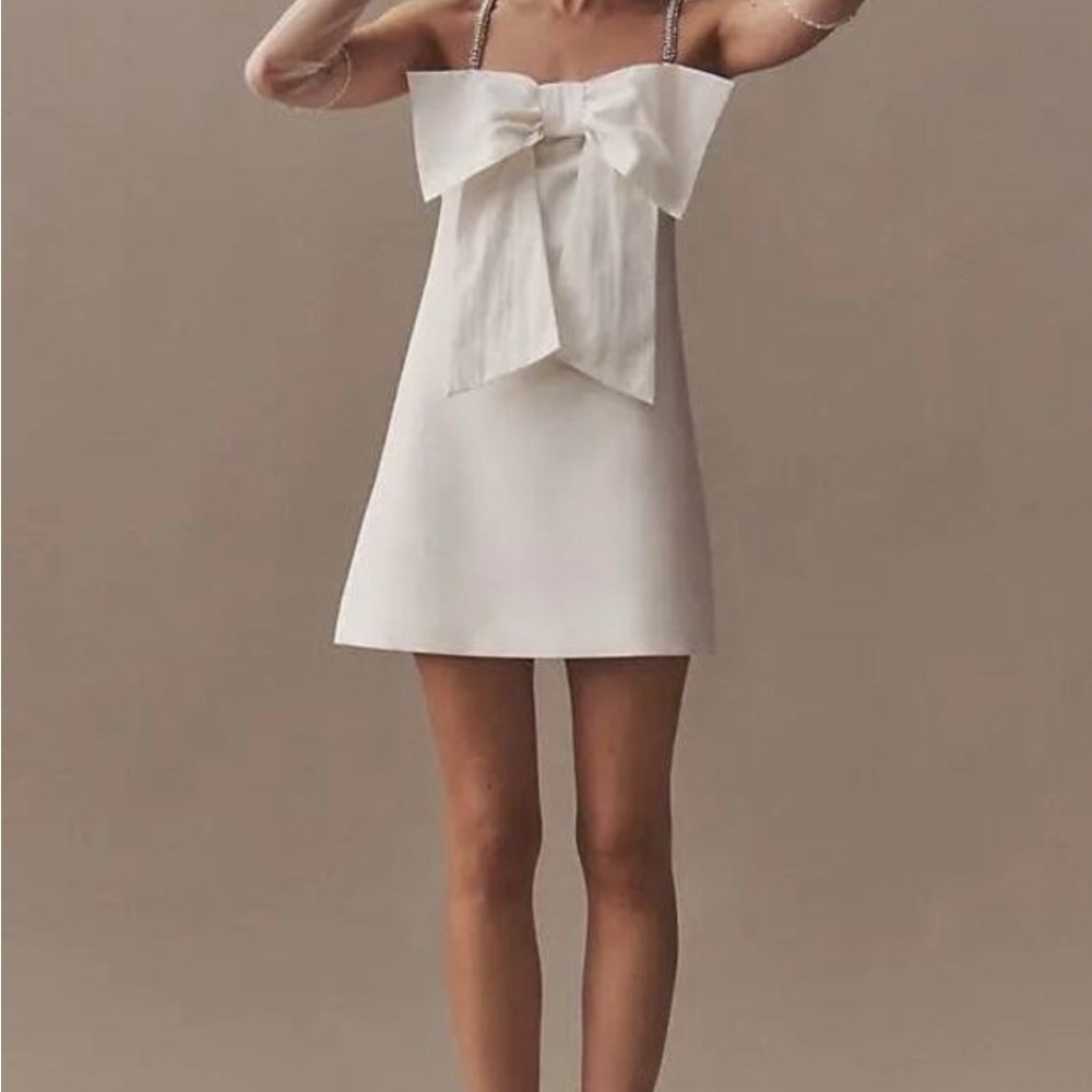 NEW BHLDN Ivory Dress, Bow Crystal Straps wedding rehearsal showers XS Anthro